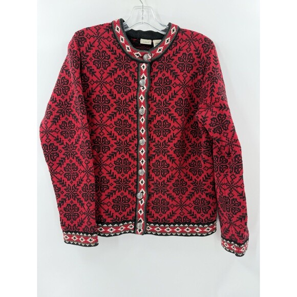 L.L. Bean Women’s Red Black Nordic Fair Isle Sweater Cardigan Cotton Size Medium - Picture 3 of 12